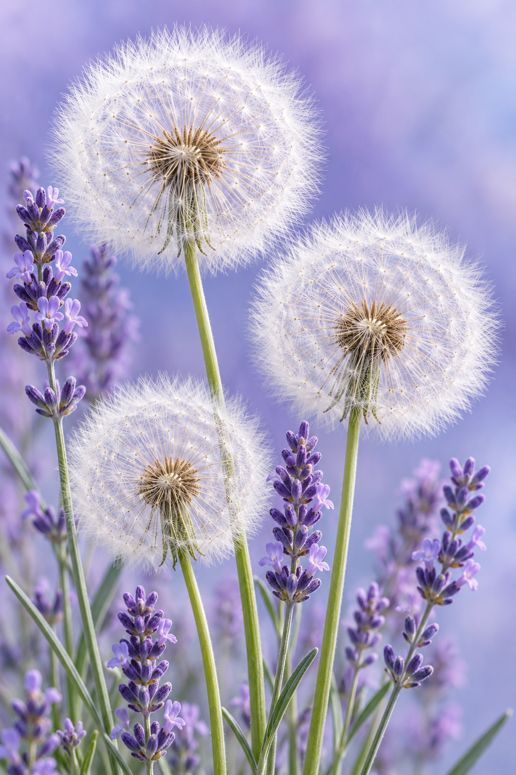 Bright white feathery dandelion seed heads alongside lavender against a soft purple background